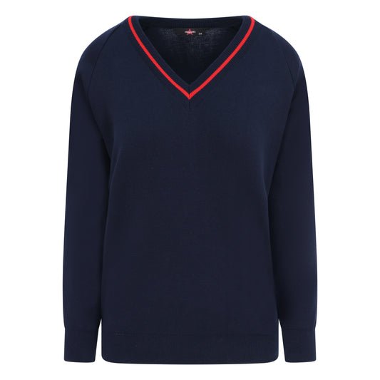 Ryde School Navy V-Neck Jumper with Red Stripe